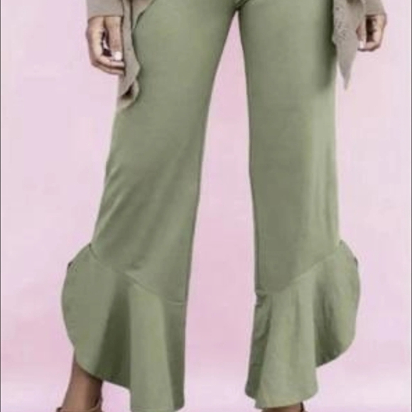 Matlida Jane Pants - Matlida Jane Olive Green Ruffle-Hem Wide Leg Pants